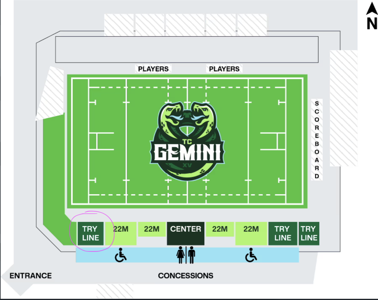 TCO Stadium seating map with recommended WSU alumni section circled in pink near the west side try line